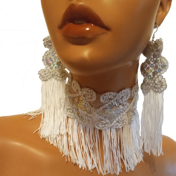 Silver Sequin & White Tassel Jewelry Set,  Long Silver And White Earrings Choker - Picture 1 of 4
